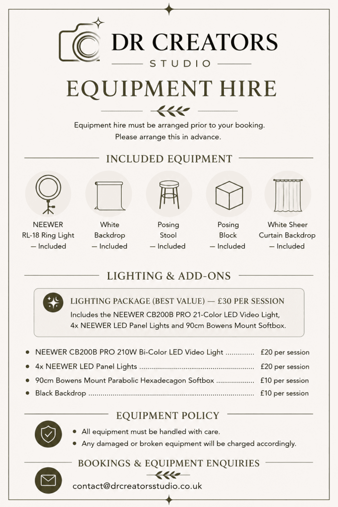 Equipment add-on price list for DR Creators Studio studio hire pricing
