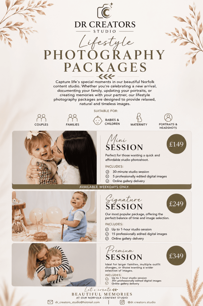 Lifestyle photography packages at DR Creators Studio