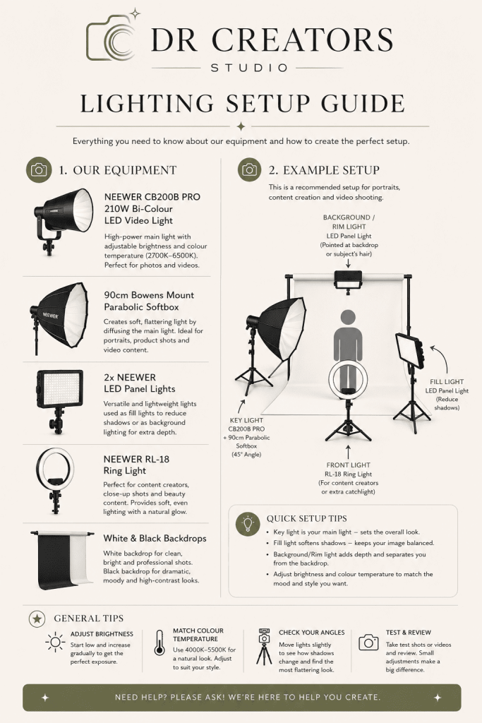 Lighting setup guide for studio equipment hire at DR Creators Studio