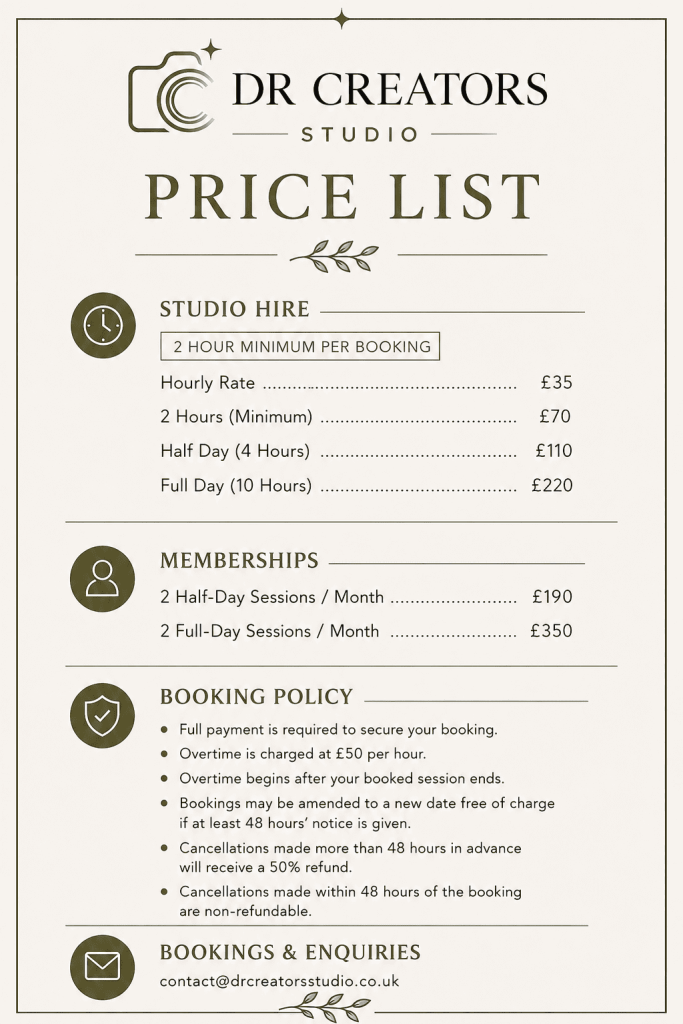DR Creators Studio price list for studio hire pricing in Attleborough