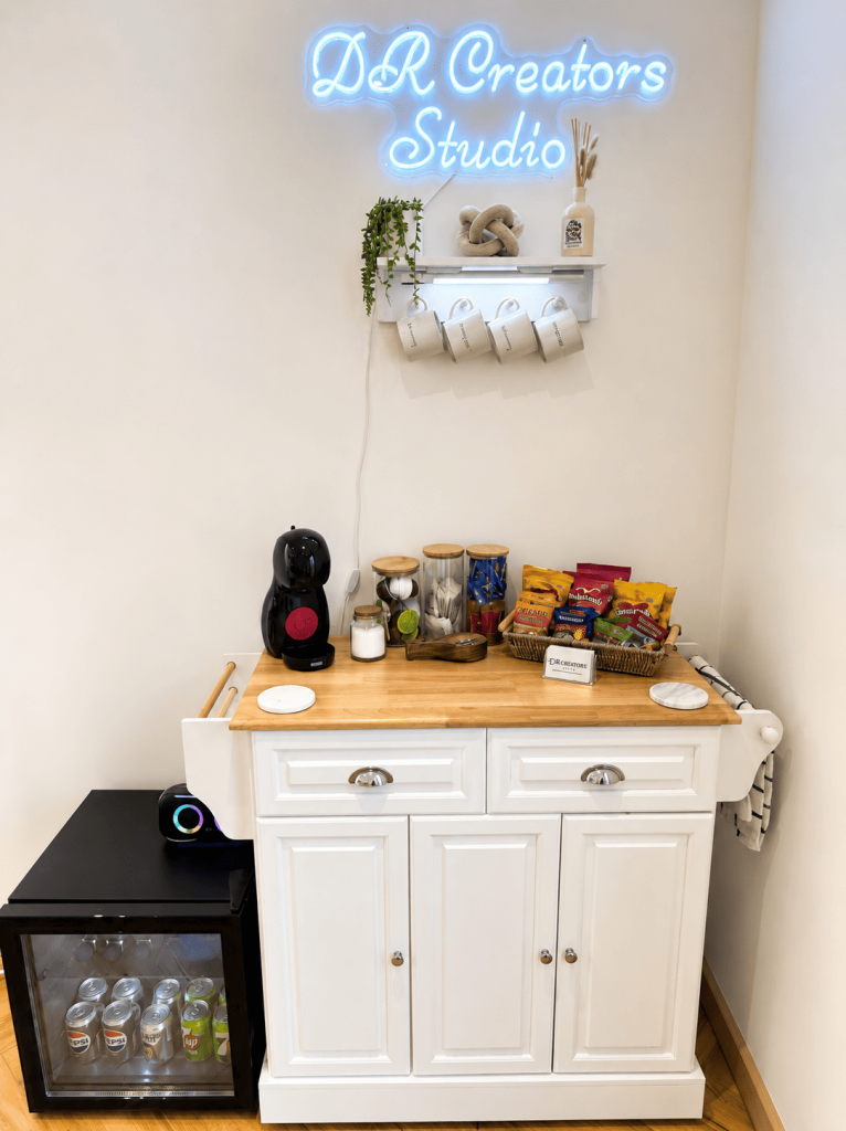 Refreshments area with drinks and snacks