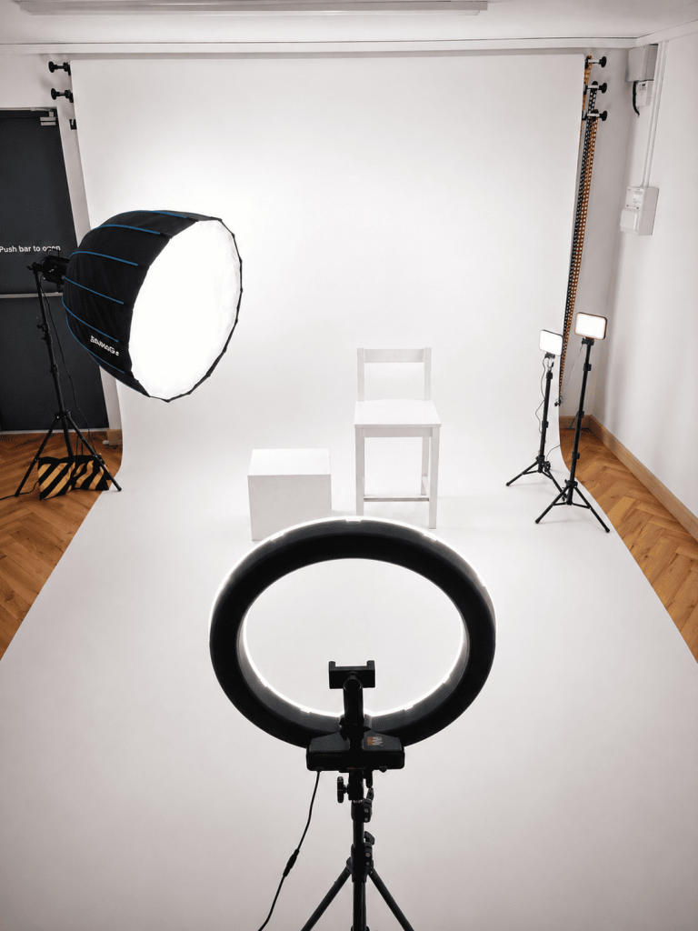 White photography backdrop and ring light for content studio hire in Attleborough